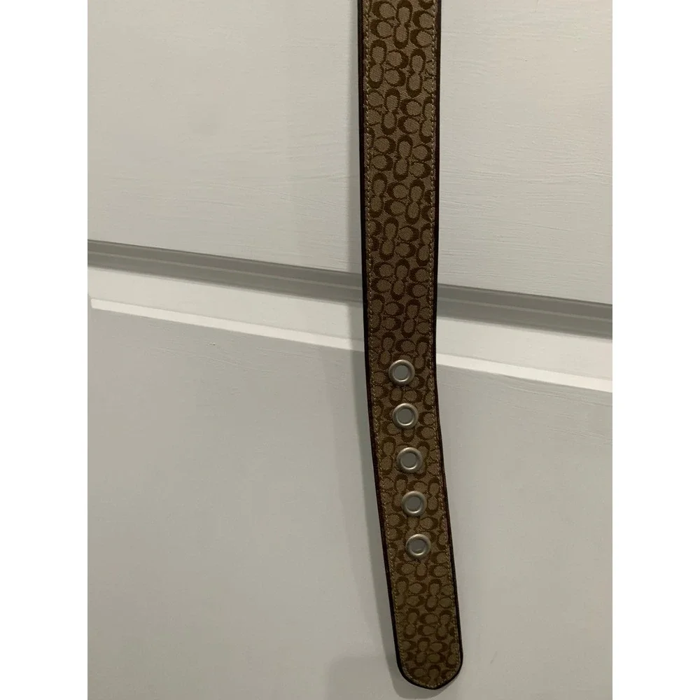 Coach Signature Monogram Canvas Brown Leather Belt Silver D-Ring Buckle Khaki